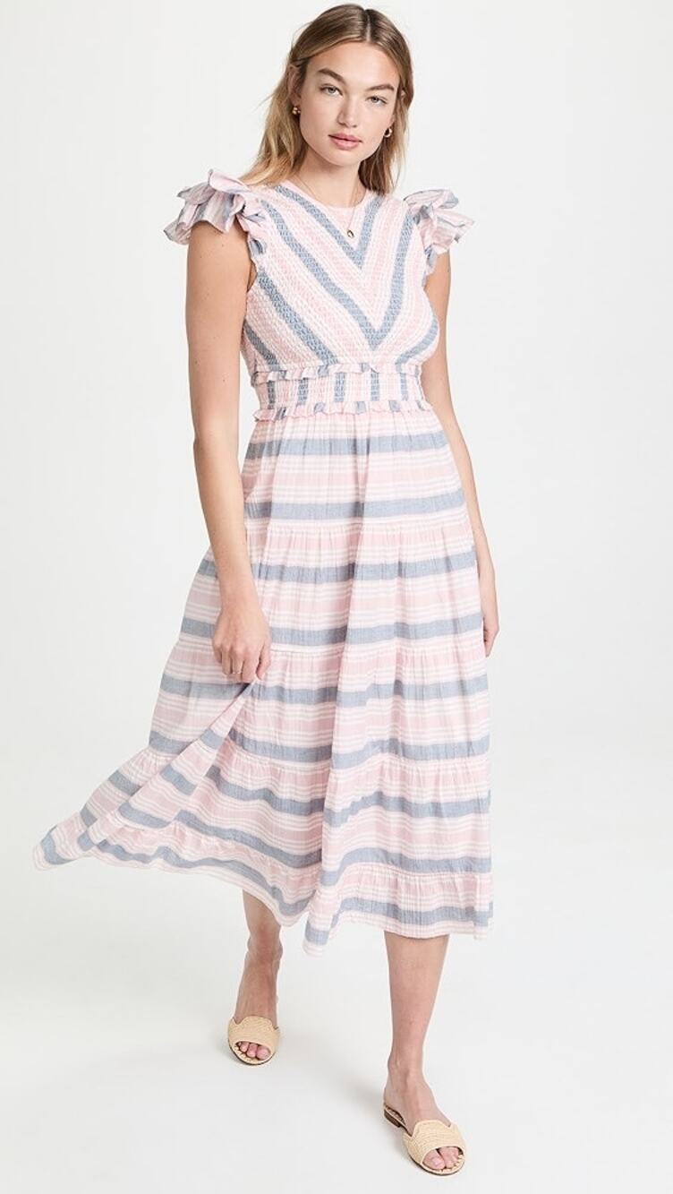 Saylor Alanna Striped Midi Dress Size XS Ruffle Sleeve in Pink/Blue